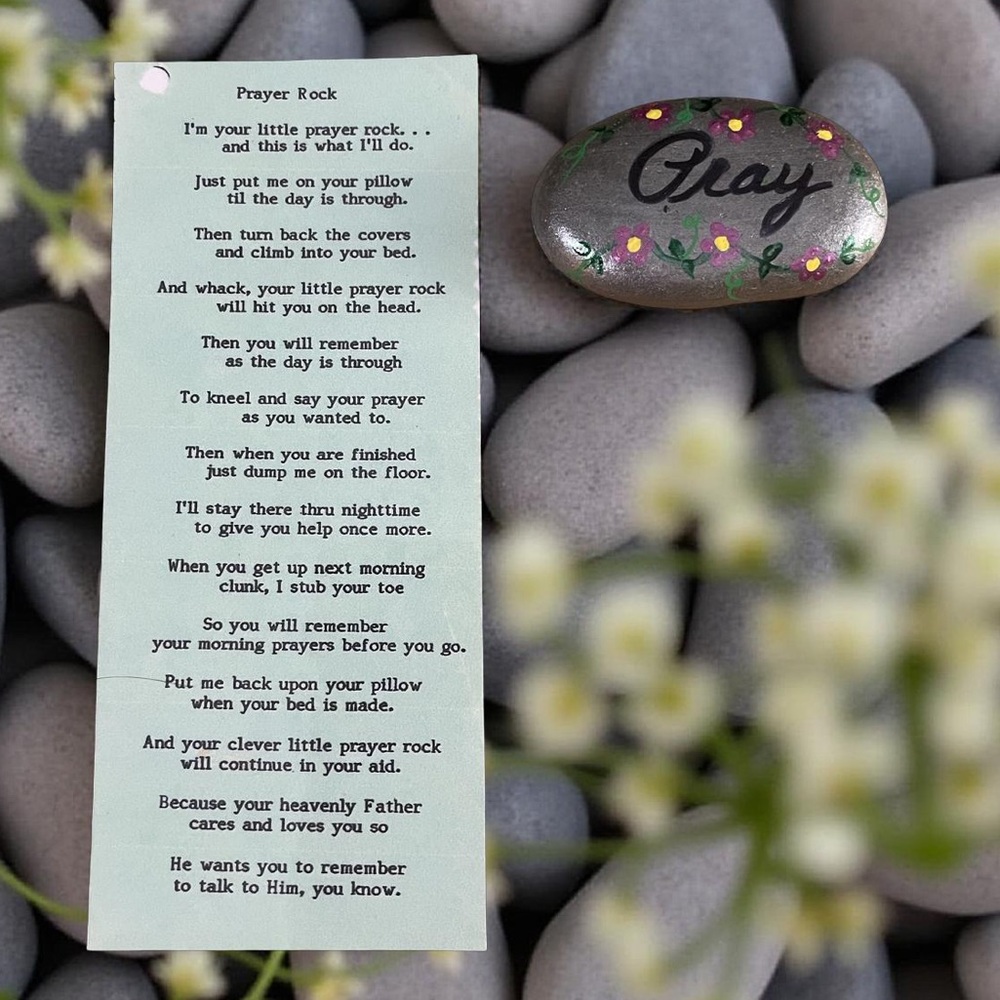 Hand crafted painted silver metallic Pray Rock laminated prayer card floral dots